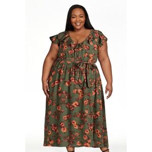 Time and Tru Womens Dress Size 4X Green Floral Midi Ruffle Neck Short Sleeve